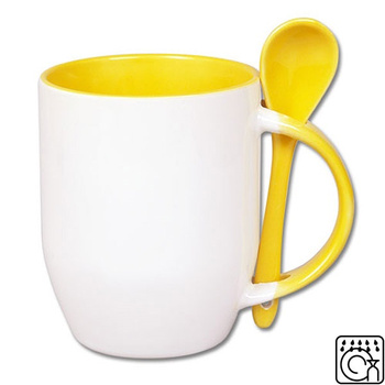 White mug with a spoon - yellow inside - set of 36 pcs.