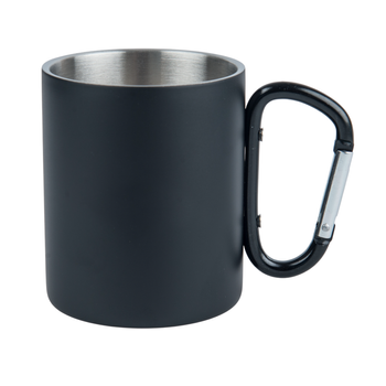 Steel mug 300 ml black - carabiner handle, for engraving