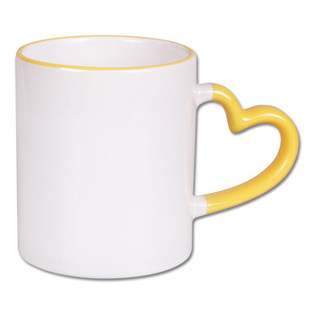 White mug - heart handle yellow