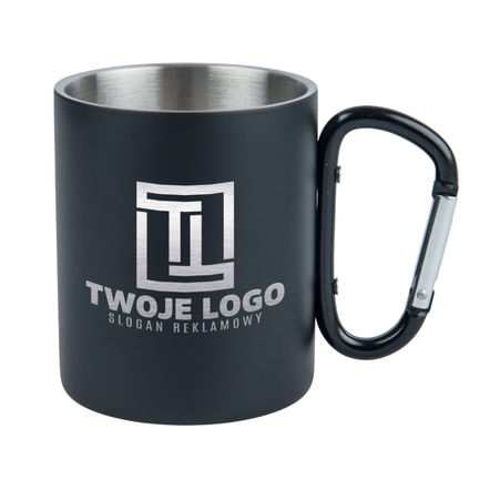 Steel mug 300 ml black - carabiner handle, for engraving