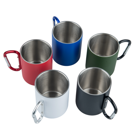 Kubek stalowy 300 ml czerwony - uchwyt  karabińczyk, do graweru