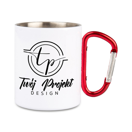 Steel mug 300 ml - red carabiner - white