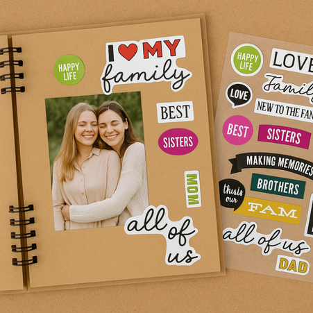 Spiral photo album large 20.2x20.2cm + decorative stickers words/triangles (4 pcs.)