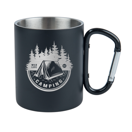 Steel mug 300 ml black - carabiner handle, for engraving