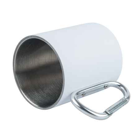 Steel mug 300 ml white - carabiner handle, for engraving