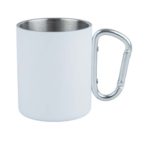 Steel mug 300 ml white - carabiner handle, for engraving