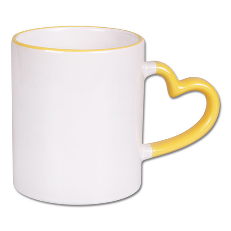 Kubek biały - ucho serce uchwyt żółty