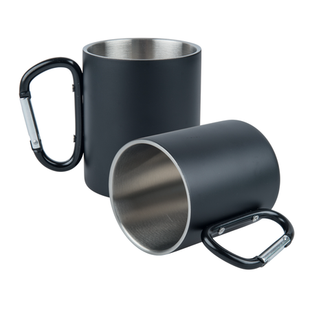 Steel mug 300 ml black - carabiner handle, for engraving