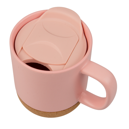 Kubek 330ml light kolor z wieczkiem i korkowym spodem - różowy
