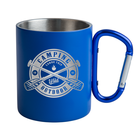 Steel mug 300 ml blue - carabiner handle, for engraving